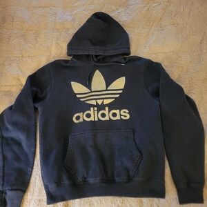 Adidas Men's Hooded Sweatshirt XS Black w/ Gold Logo Front & Back